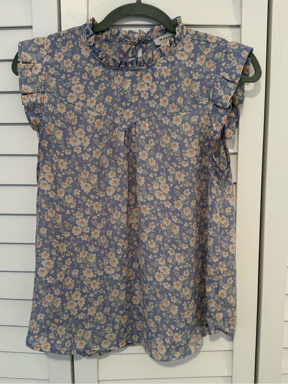 Monteau Lavender Blue Floral Ruffle Sleeve Blouse, Office, Feminine, Cottagecore